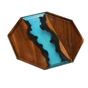 Set of 2 Epoxy Resin Walnut Wooden Octagon Square Trays Serving Bread Plates for Fruit Salad Platter Vegetable Food Dish