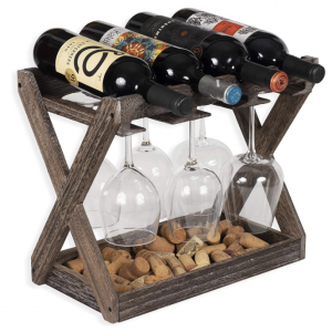 Walnut color rustic solid wall mounted wine rack wood with 6 Glass Rack Storage Tray Table Top 4 Bottle Holder