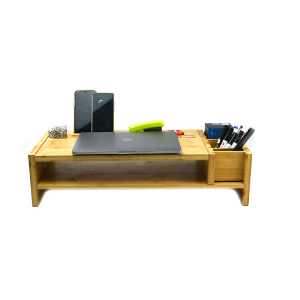 Office Supply 2 Tiers Monitor Riser Wooden Computer Stand Bamboo Desk Storage Holder Organizer with Phone Holder