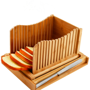 Premium Bamboo Bread Slicer With Stainless-Steel Knife Wood Cutting Guide with Crumb Tray For Homemade Bread, Cake, Bagels