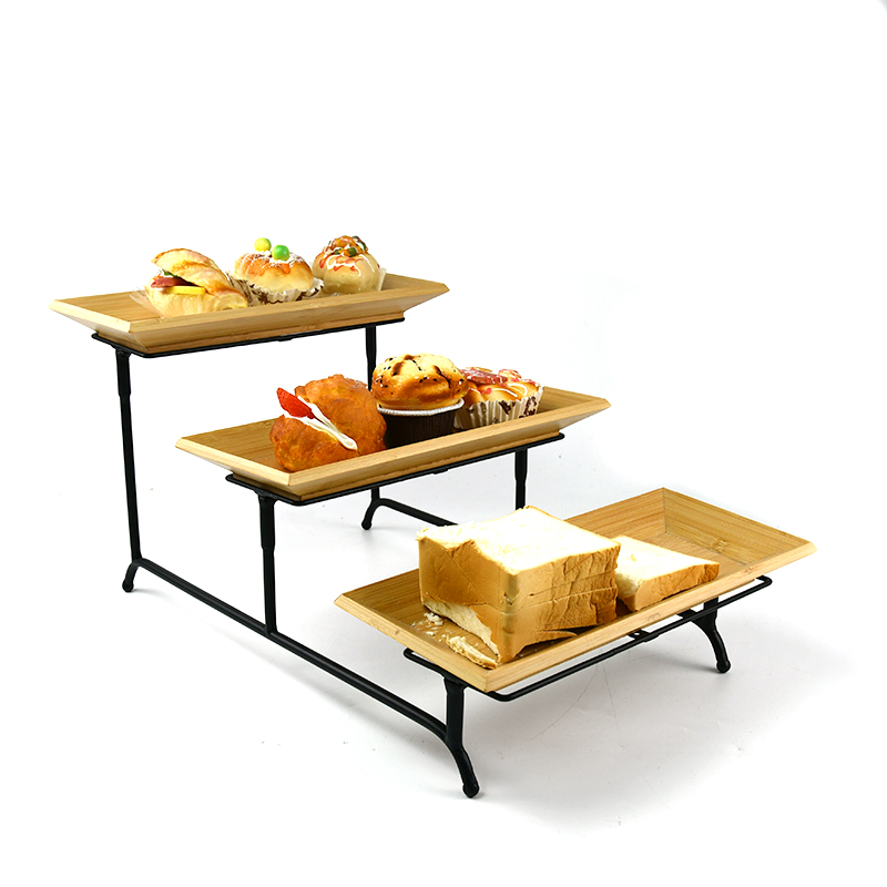 3-Tier Classic Rectangular Serving Platter Decorative Three Tiered Cupcake Tray Stand Decor Food Stand with Wooden Tray