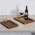 Set of 2 Country Rustic Burnt Wood Tray Rectangular Nesting Serving Trays With Metal Handles