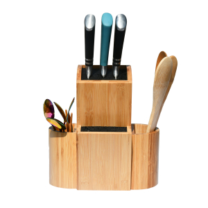 Bamboo Universal Knife Block Two-Tiered Slot-Less Wooden Knife Stand with Magnet Holder