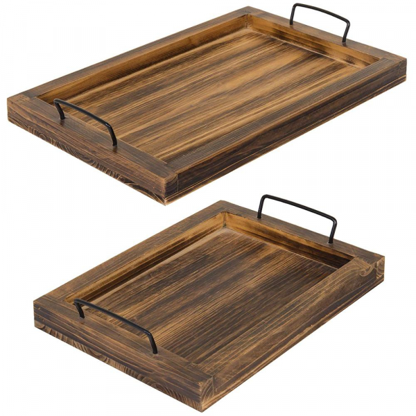 Set of 2 Country Rustic Burnt Wood Tray Rectangular Nesting Serving Trays With Metal Handles