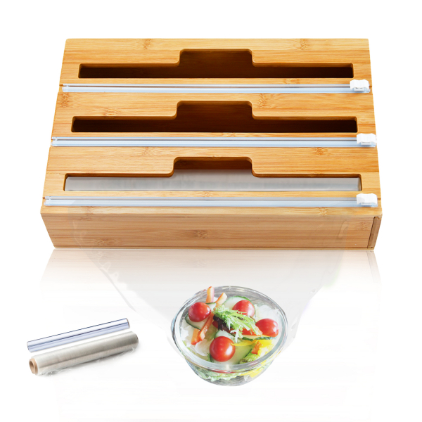 Wood Aluminum Saran Pallet Stretch Cling 3 In 1 Kitchen Foil And Plastic Bamboo Wrap Dispenser Organizer With Cutter Labels