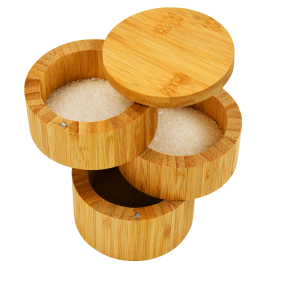 Round Triple Kitchen Bamboo Salt Storage Box with Magnetic Lid