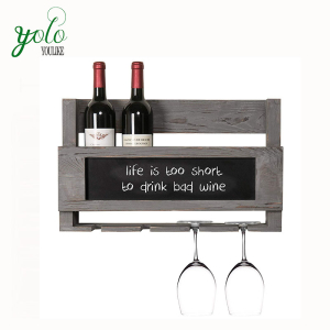 Wholesale High Quality Rustic Grey Wood Wall Mounted Wine Glass Bottle Rack With Chalkboard