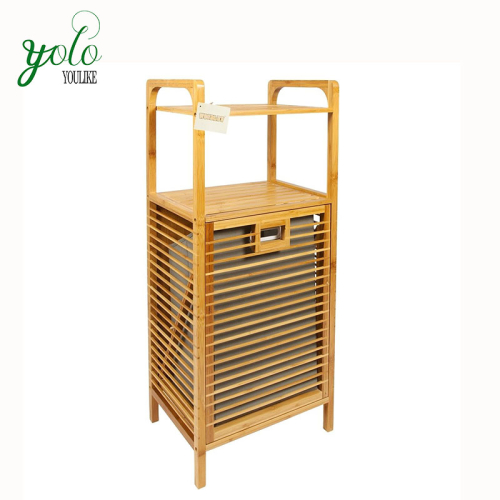 Bamboo Bathroom Cabinet Storage Laundry Hamper Basket With 2 Shelves