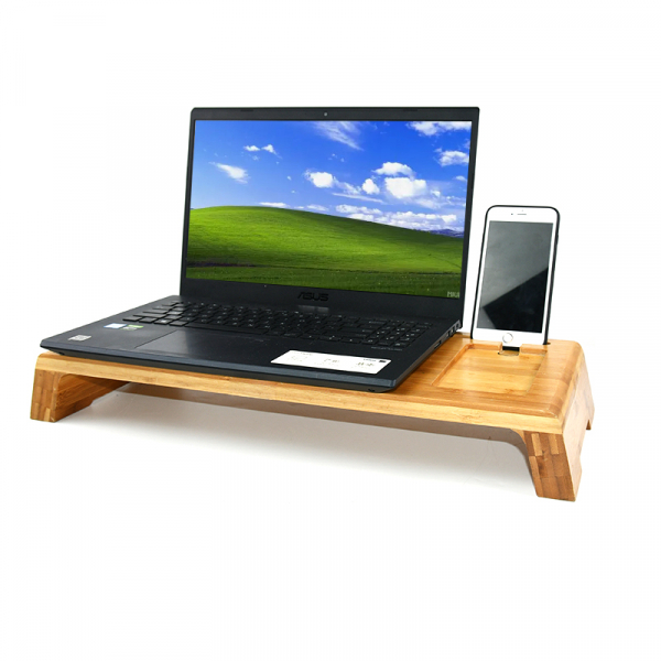 High Quality Natural Bamboo Computer Organizer Desk Wooden Laptop Monitor Riser Stand With Pen And Cup Holder