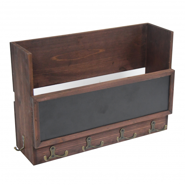 High Quality Rustic Wood Mail Holder Organizer Wooden Wall Mounted Rack With 4 Hooks and Chalkboard