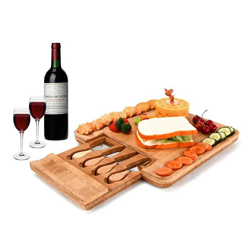 100% Natural Bamboo Cheese Board set with Cutlery and Drawer Grazing Board