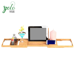 Extending And Adjustable Bathroom Bamboo Bathtub Caddy and Bath tray with Mirror Book Holder