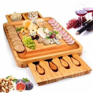 Bamboo Cheese Board with Cheese Tools, Cheese Plate Charcuterie Platter with Utensils Set and 4 Stainless Steel Cutting Knives