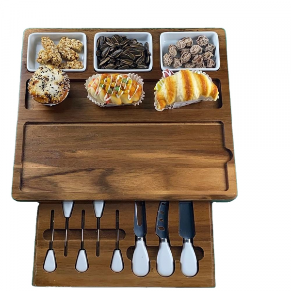 Serving Platter Acacia Wood Cheese Board With Slide-Out Drawer