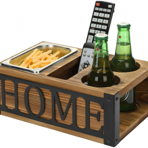 Rustic Burnt Wood Sofa Snack Caddy  Couch Organizer with Slots for Beer, Beverages, Remote Controls, Tablets