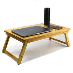 Adjustable Bamboo Laptop Desk Breakfast Serving Bed Tray with Tilting Top Drawer for Surfing Reading Writing