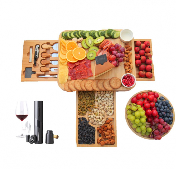 Natural Bamboo Cutting Board Square Round Logo Custom Cheese Board Rustic With Knives Set Picnic Electric Wine Bottle Opener Kit