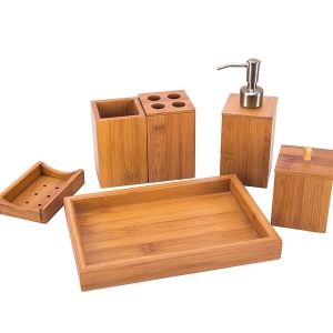 Bamboo Bathroom Accessory Set in Tray Soap Dispenser Cup Toothbrush Holder