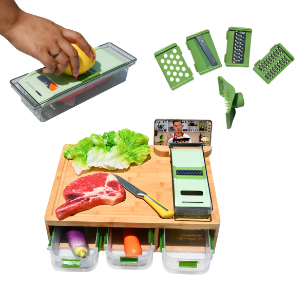 Collapsible Multifunction Kitchen Organisation And Cutting Board With Drip Tray Compartment Containers Graters