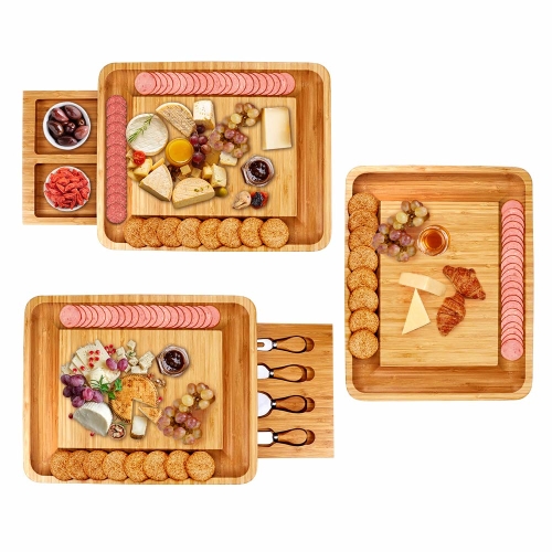 Bamboo Cheese Board Meat Charcuterie Platter Serving Tray With Two Hidden Slide out Drawers & 4 Pieces of Tableware