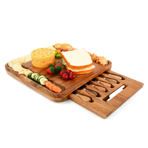 Natural Wood Charcuterie Bamboo Cheese Board With Knife Set, Cutlery and Accessories