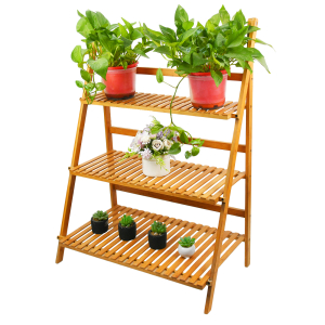 Multi-layer Flower Stand Plant Pot Rack Storage Shelf Bamboo Display Ladder Shelves 3-Tier Planter Shelving Folding