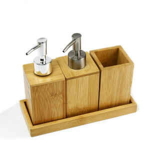 Bamboo Bathroom Accessory Set in Tray Soap Dispenser Cup Toothbrush Holder