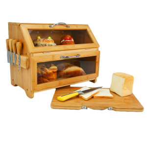 Wholesale High Quality Wood Bamboo Bread Boxes with Cutting Board Lid Easy-opening Food Storage Container