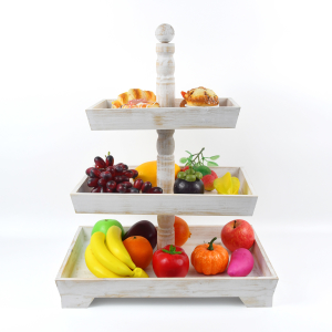 Kitchen Farmhouse Rustic White Wood 3 Tiers Tray with Beads