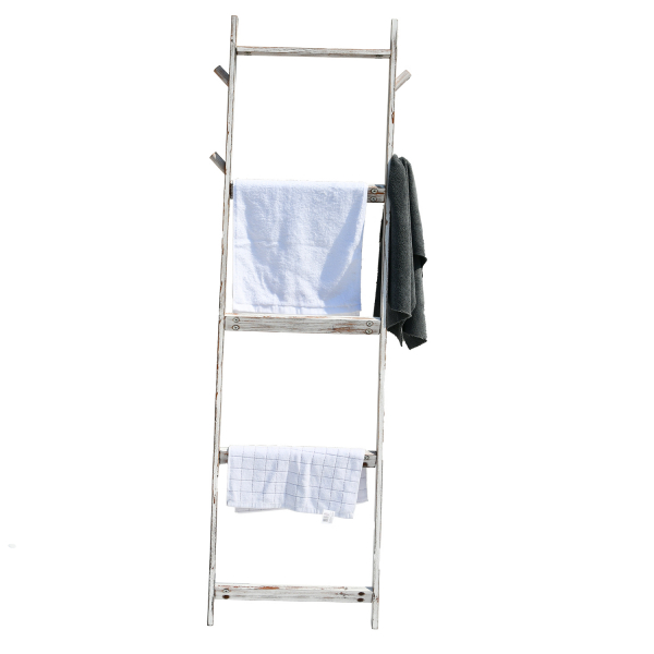 Farmhouse Decorative Wall Leaning Towel Ladder Blanket Holder Rack with Wood Shelf for Living Room Bathroom