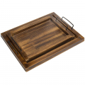 Set of 2 Country Rustic Burnt Wood Tray Rectangular Nesting Serving Trays With Metal Handles