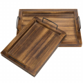 Set of 2 Country Rustic Burnt Wood Tray Rectangular Nesting Serving Trays With Metal Handles