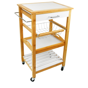 Free Standing Kitchen Furniture Storage Island Cart Bamboo Storage Rack with Wheel & Wood Top Cutting Board