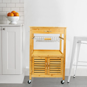 Large Storage Cabinet 3 Tier Bamboo Serving Utility Rolling Island Cart Kitchen Trolley with Wheels for Home