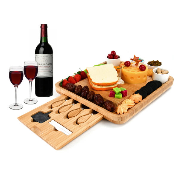 Bamboo Cheese Board with Cutlery Set Wood Charcuterie Platter and Serving Meat Board with Slide-Out Drawer