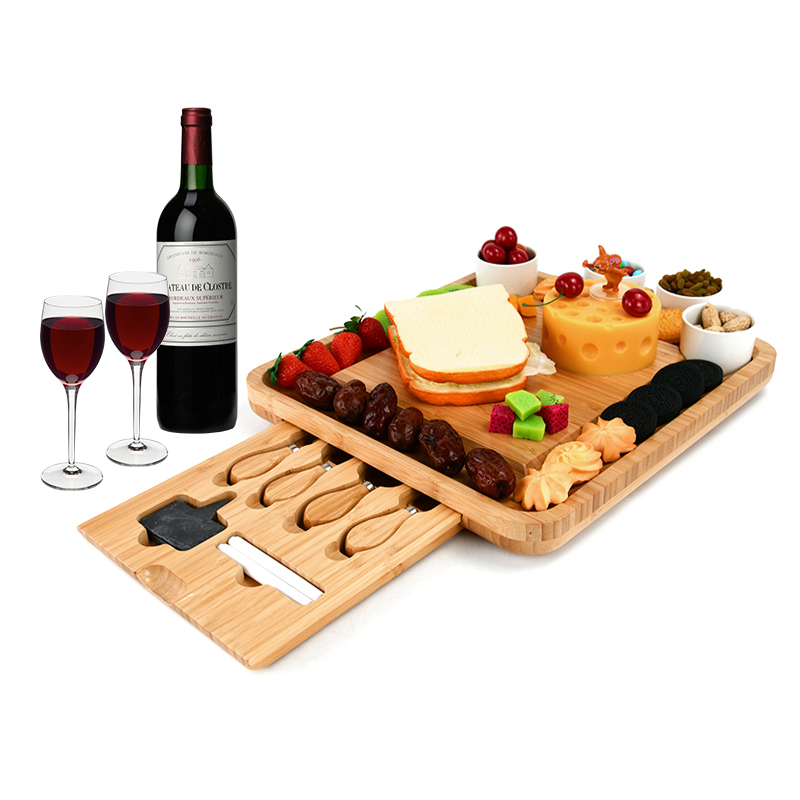 Bamboo Cheese Board with Cutlery Set Wood Charcuterie Platter and Serving Meat Board with Slide-Out Drawer