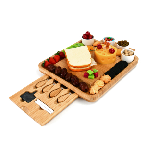 Bamboo Cheese Board with Cutlery Set Wood Charcuterie Platter and Serving Meat Board with Slide-Out Drawer