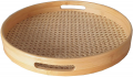 Large Round Bamboo Wood Rattan Serving Tray with Handles for Breakfast, Coffee, Drinks