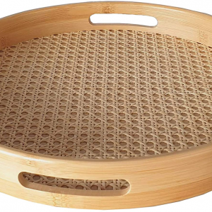 Large Round Bamboo Wood Rattan Serving Tray with Handles for Breakfast, Coffee, Drinks