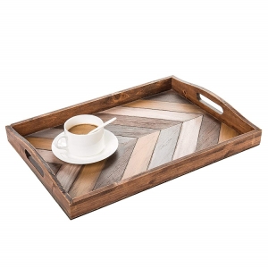 High quality Rustic Chevron Wood Farmhouse Decor Tray Decorative Breakfast Serving Tray with Handle for Merry Christmas Gift