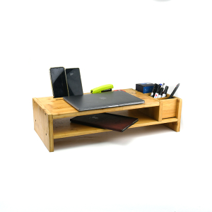 Office Supply 2 Tiers Monitor Riser Wooden Computer Stand Bamboo Desk Storage Holder Organizer with Phone Holder