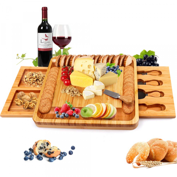 Bamboo Cheese Board Meat Charcuterie Platter Serving Tray With Two Hidden Slide out Drawers & 4 Pieces of Tableware