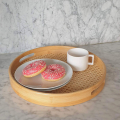 Large Round Bamboo Wood Rattan Serving Tray with Handles for Breakfast, Coffee, Drinks