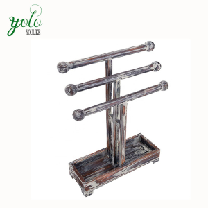 Rustic 4-Tier Torched Wood T-Bar Jewelry Display Earring Rack Bracelet & Watch Organizer