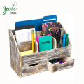 Wholesale 100% Natural 6 Compartments And 2 Drawers Rustic Wood Office Foldable Desk Organizer For Accessories