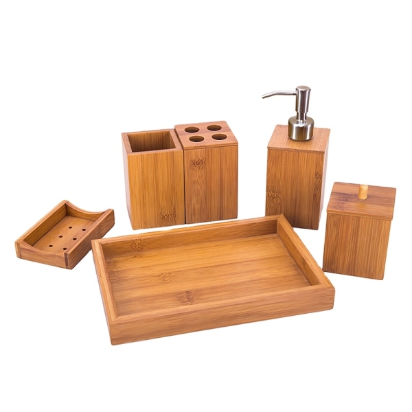 Bamboo Bathroom Accessory Set in Tray Soap Dispenser Cup Toothbrush Holder