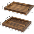 Set of 2 Country Rustic Burnt Wood Tray Rectangular Nesting Serving Trays With Metal Handles