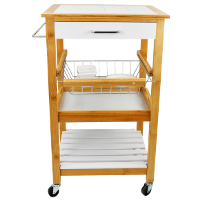 Free Standing Kitchen Furniture Storage Island Cart Bamboo Storage Rack with Wheel & Wood Top Cutting Board