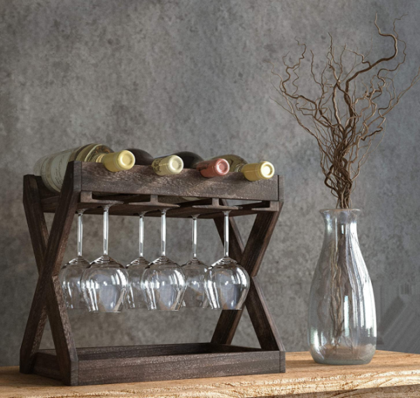 Walnut color rustic solid wall mounted wine rack wood with 6 Glass Rack Storage Tray Table Top 4 Bottle Holder