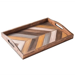 High quality Rustic Chevron Wood Farmhouse Decor Tray Decorative Breakfast Serving Tray with Handle for Merry Christmas Gift